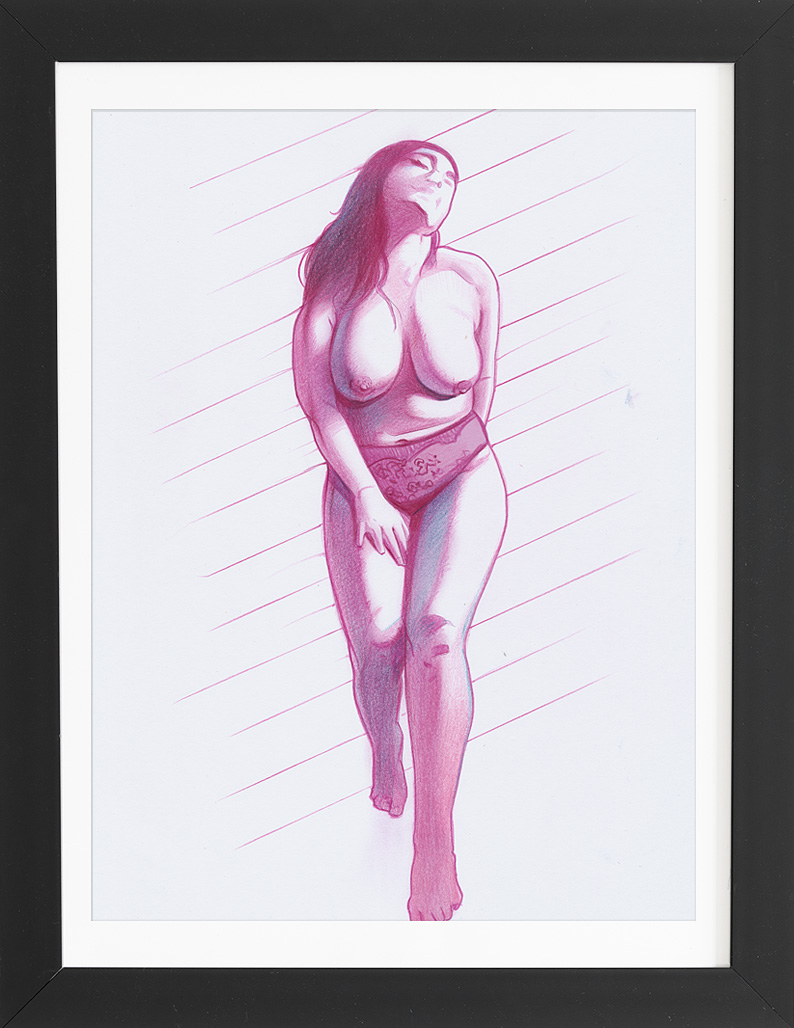 Yläosaton boudoir kuva naisesta (taidepiirros, värikuva)