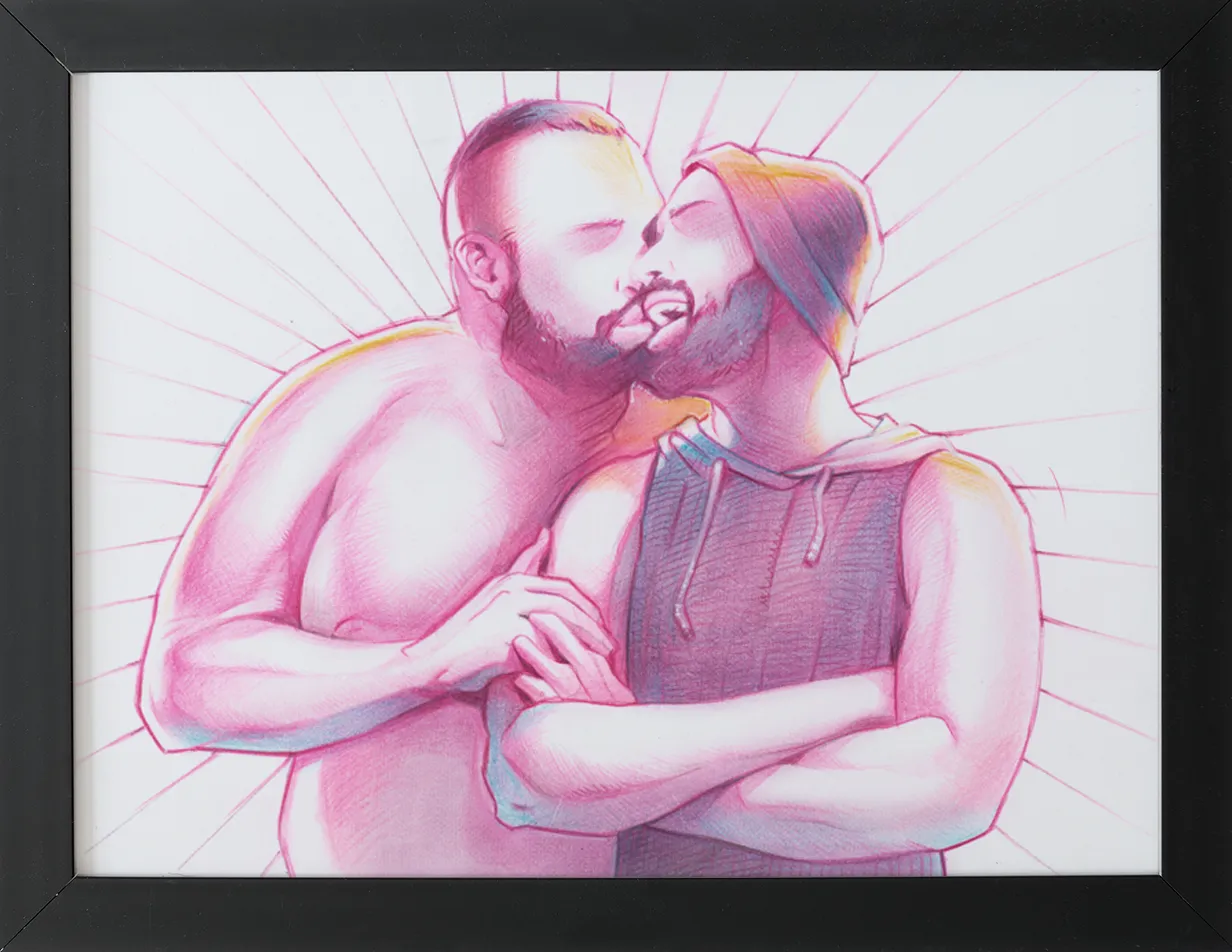 Boudoir parikuva homoparista, gay pariskunta, suutelemassa